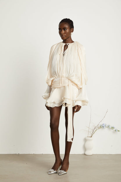 Eugénie Neutral Fully Pleated Ruffled Mini Dress