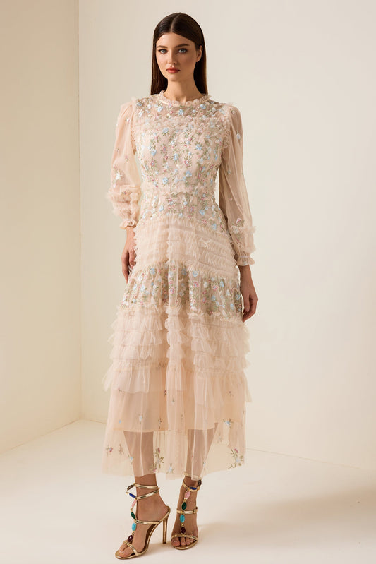 Mesh Embroidered Frill Midi Dress
