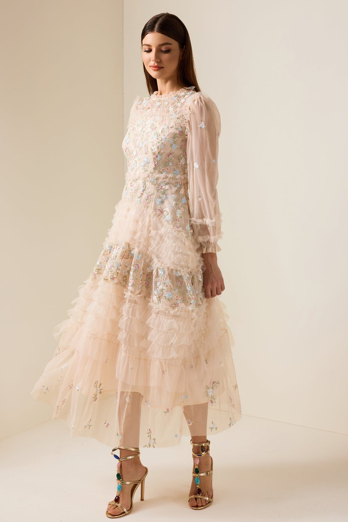 Mesh Embroidered Frill Midi Dress