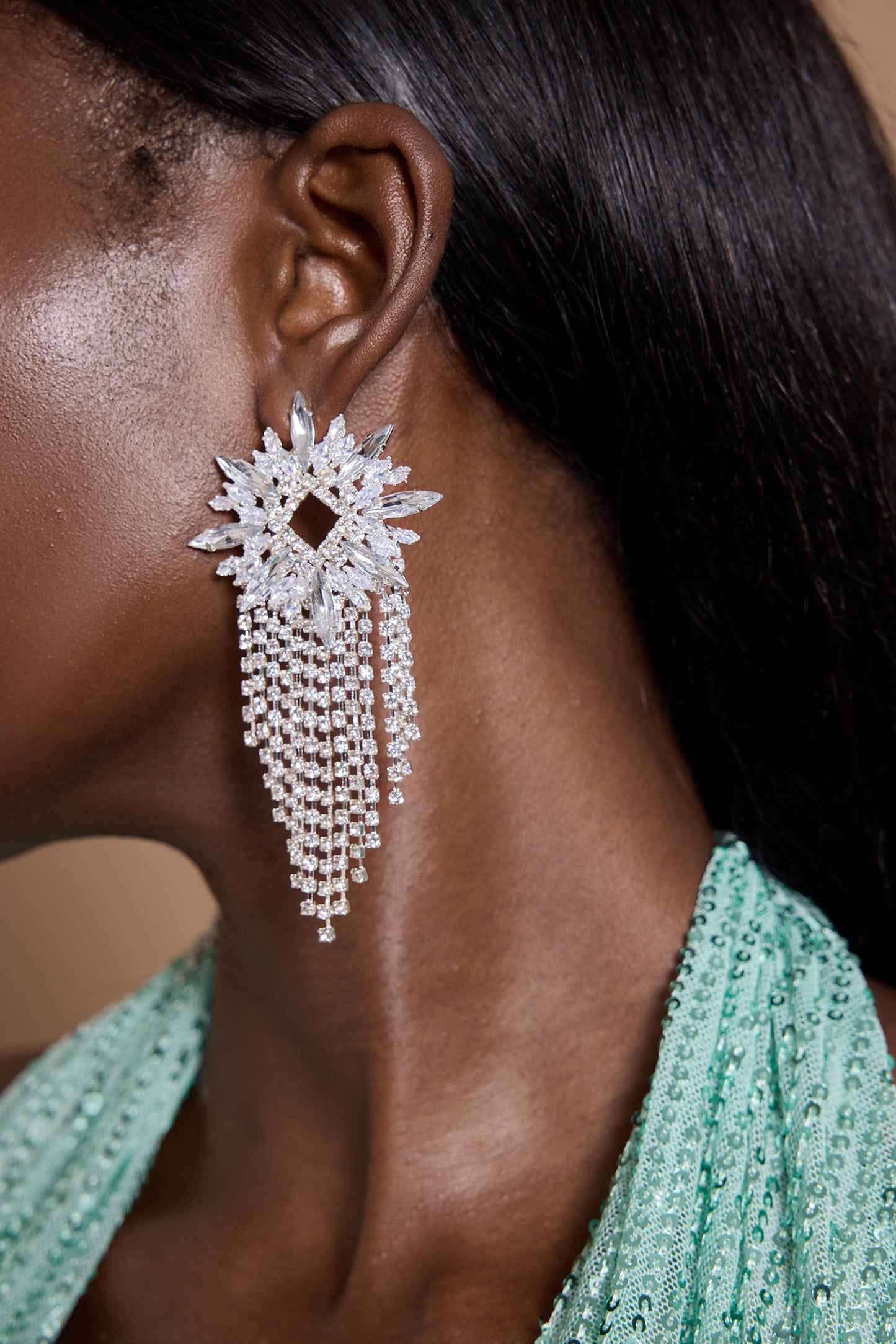 Faux Diamond Cut-Out Tassel Earrings
