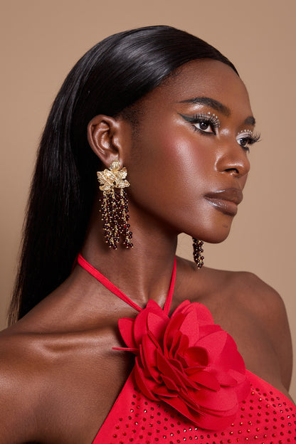 Tree Leaf-Shaped Beaded Tassel Earrings
