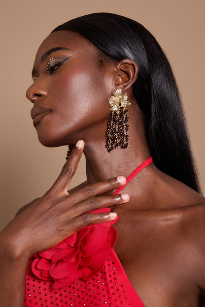 Tree Leaf-Shaped Beaded Tassel Earrings