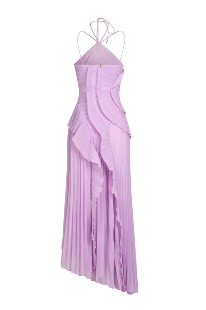 Pleated Frill Halter Neck Midi Dress