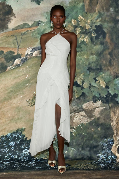 Pleated Frill Halter Neck Midi Dress