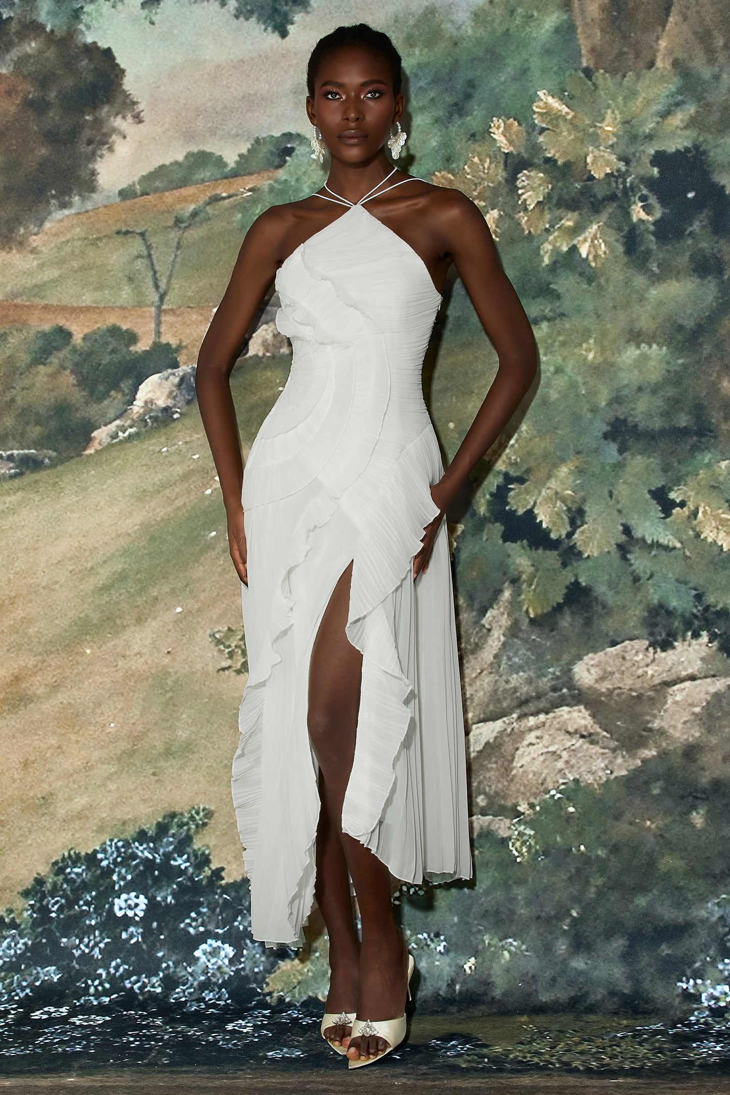 Pleated Frill Halter Neck Midi Dress