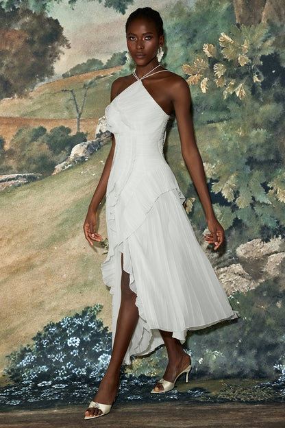 Pleated Frill Halter Neck Midi Dress