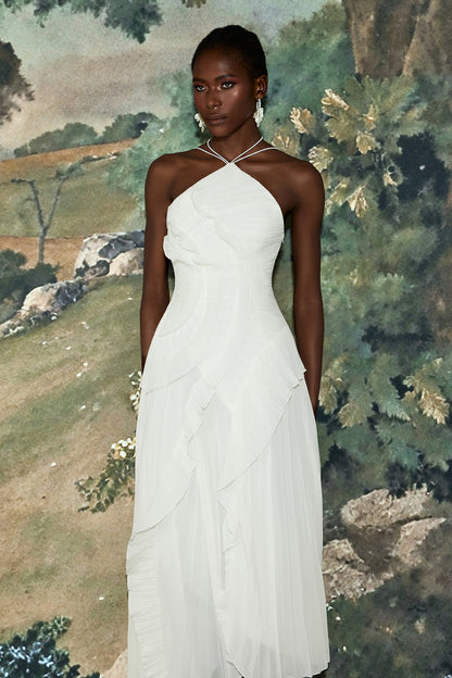 Pleated Frill Halter Neck Midi Dress