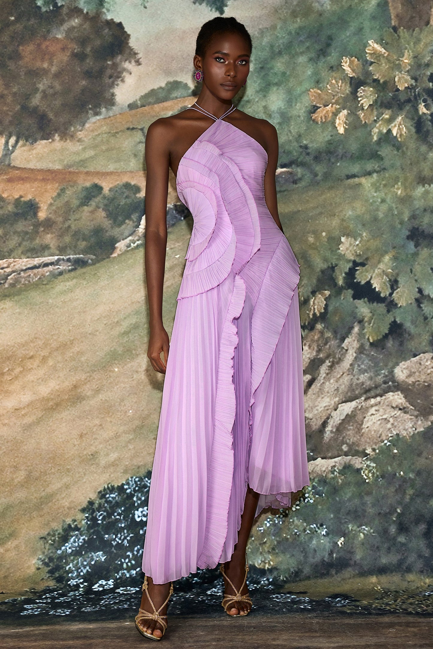 Pleated Frill Halter Neck Midi Dress