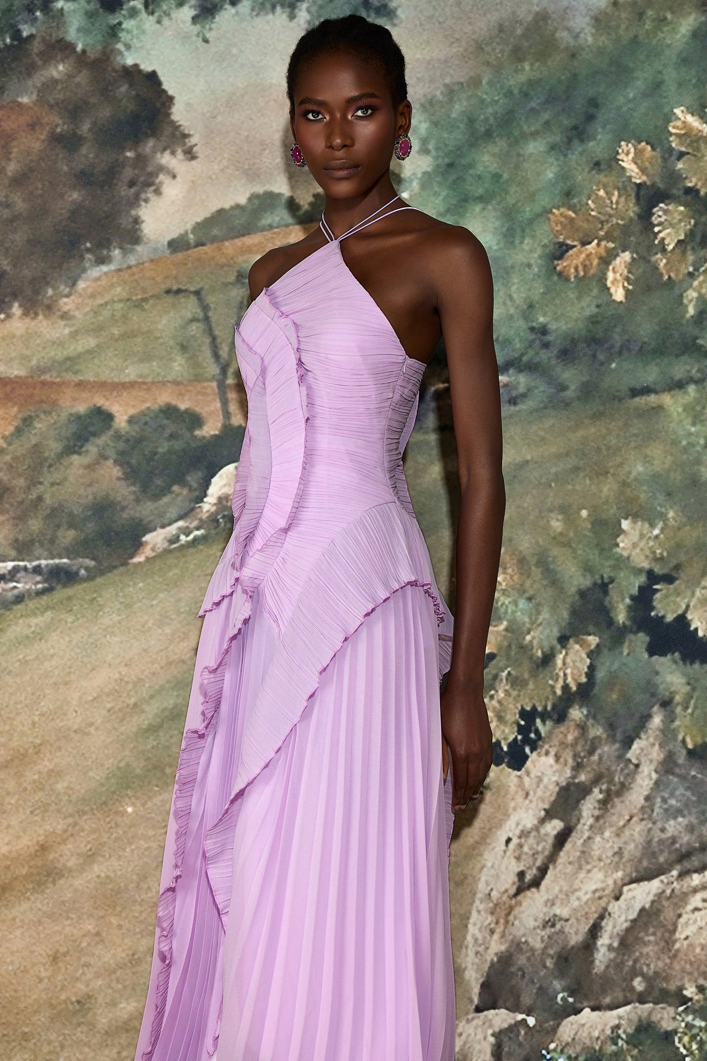 Pleated Frill Halter Neck Midi Dress