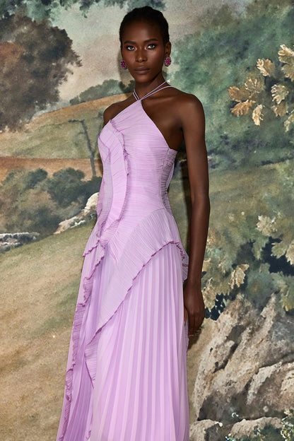 Pleated Frill Halter Neck Midi Dress