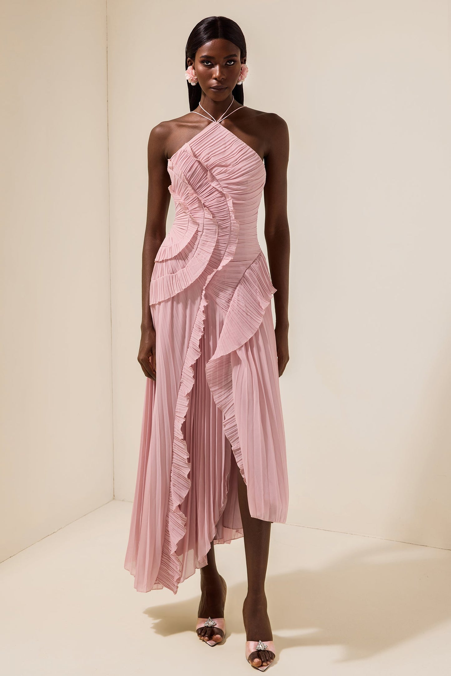 Pleated Frill Halter Neck Midi Dress