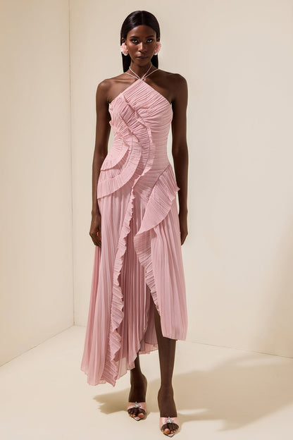 Pleated Frill Halter Neck Midi Dress