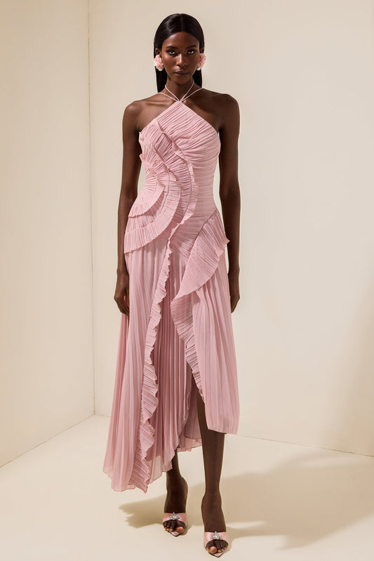 Pleated Frill Halter Neck Midi Dress