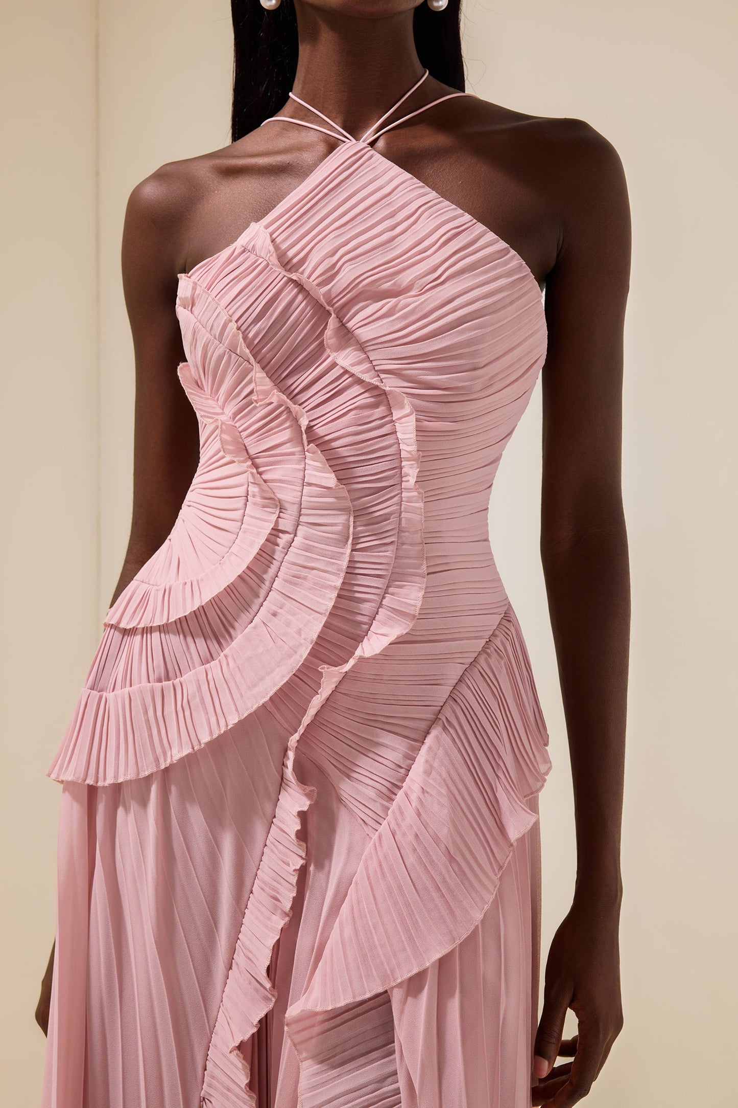 Pleated Frill Halter Neck Midi Dress