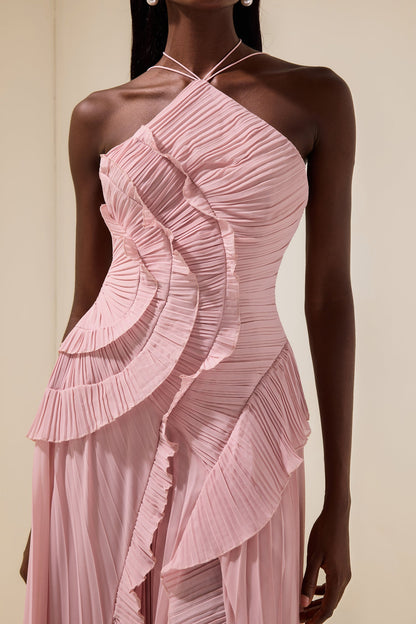 Pleated Frill Halter Neck Midi Dress
