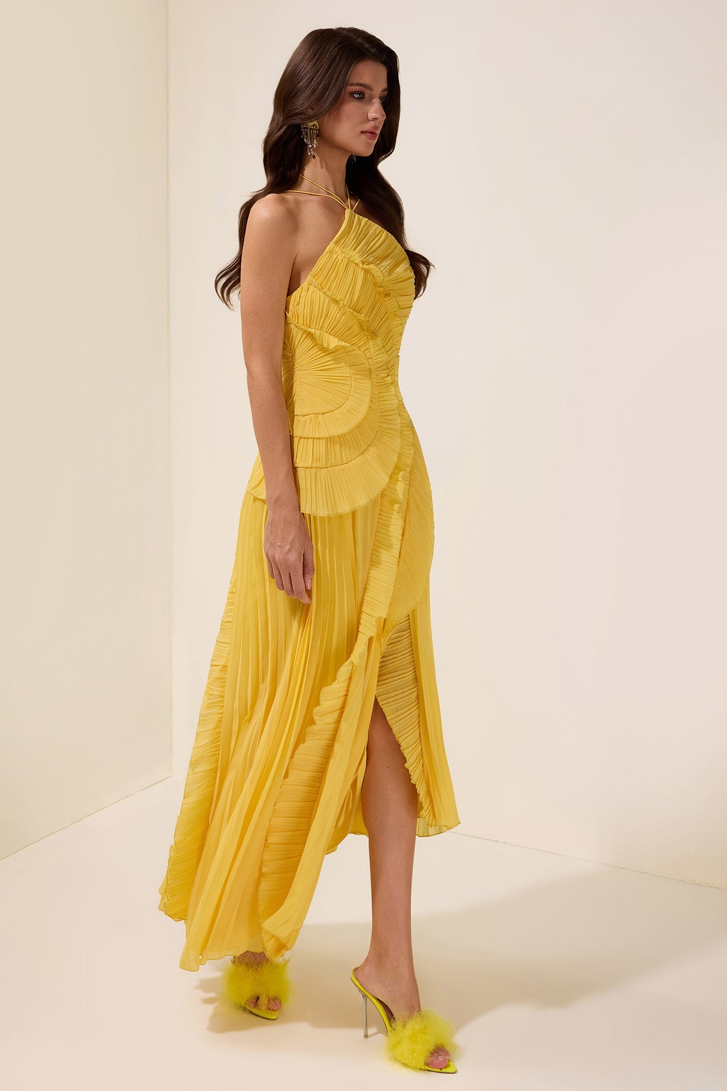 Pleated Frill Halter Neck Midi Dress