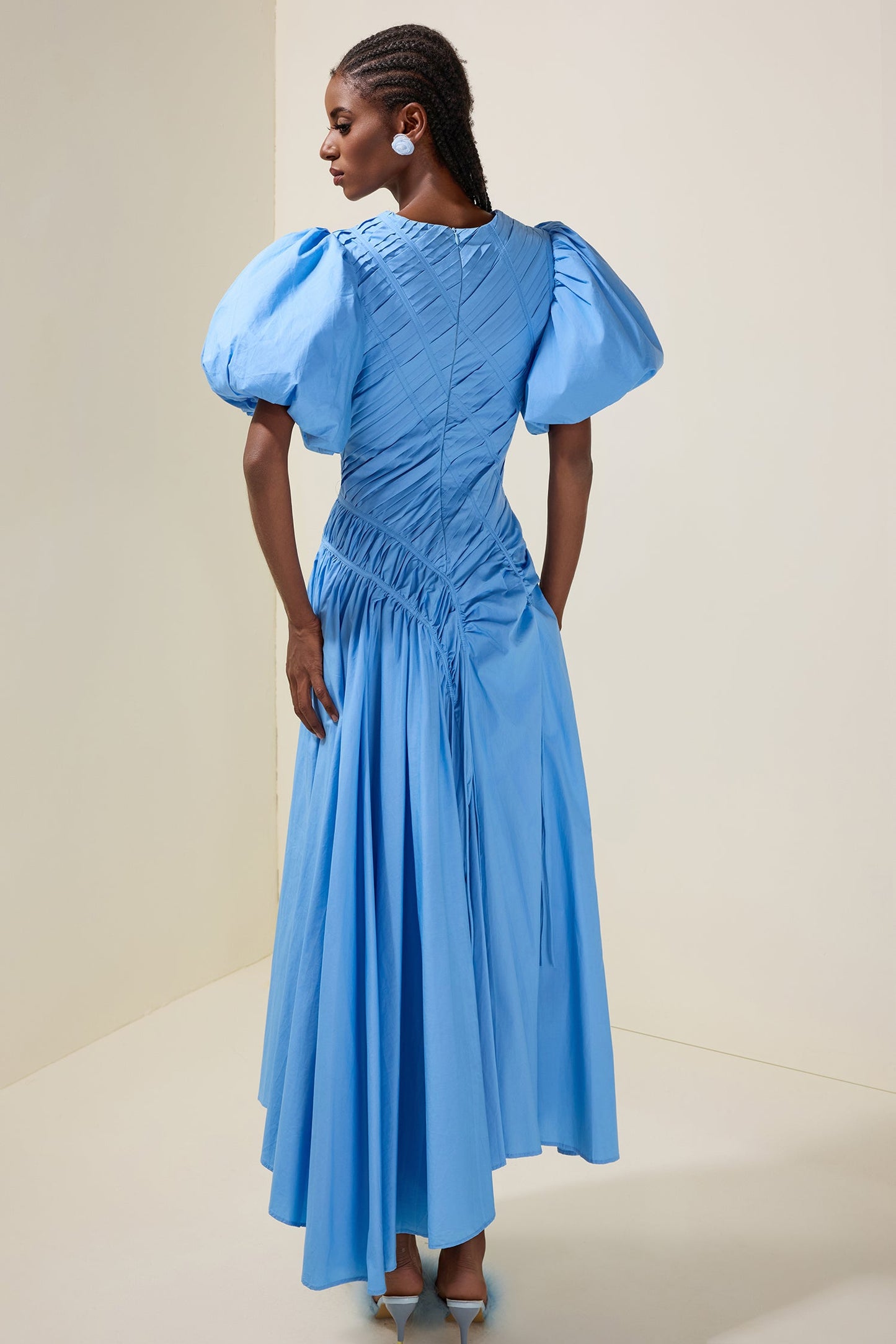 Shirring Round Neck Puff Sleeve Midi Dress