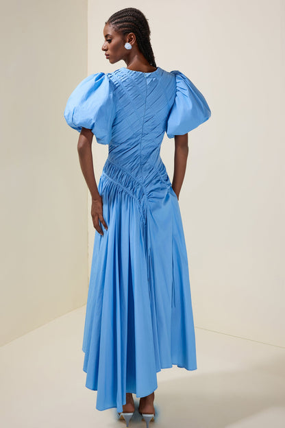 Shirring Round Neck Puff Sleeve Midi Dress