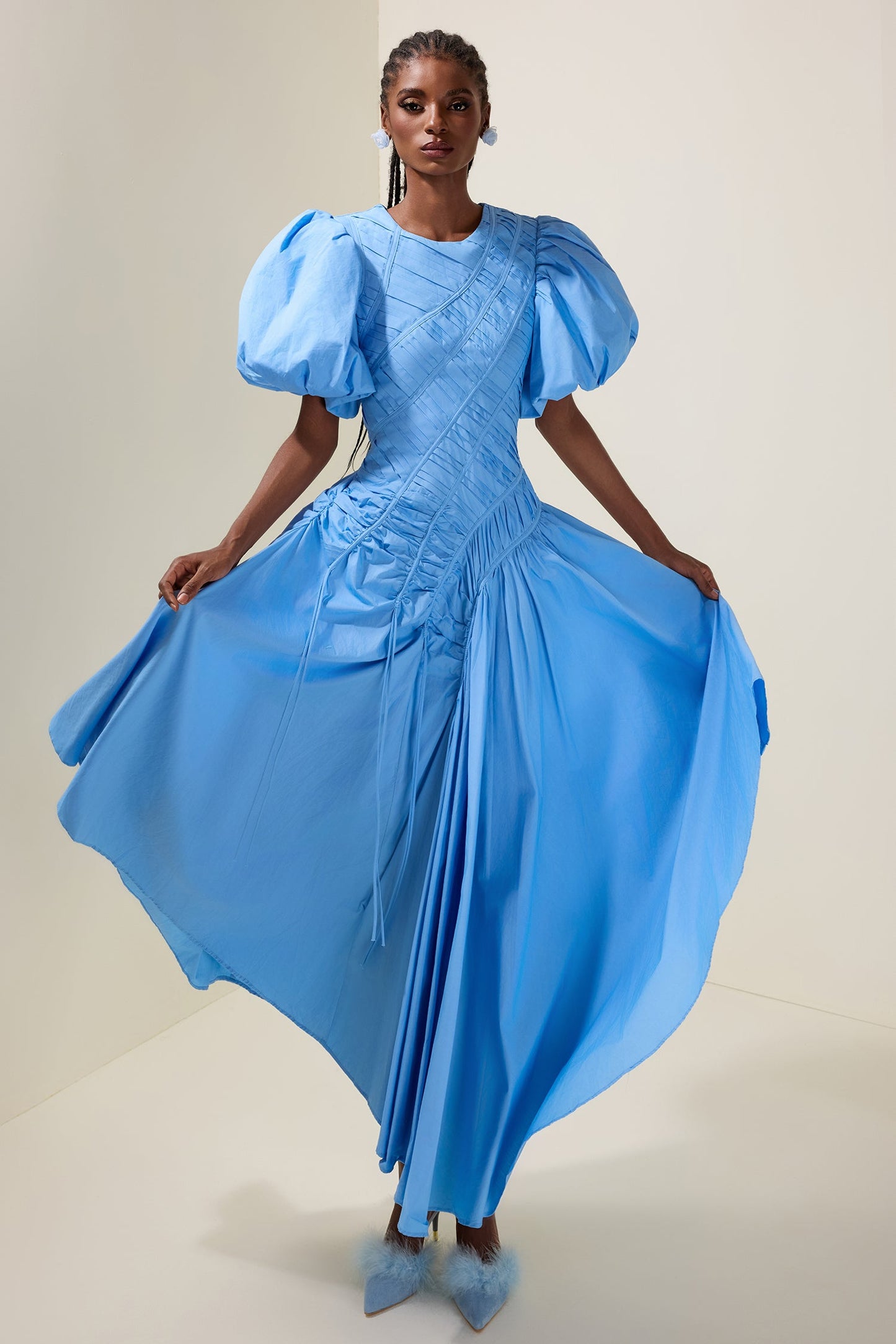 Shirring Round Neck Puff Sleeve Midi Dress