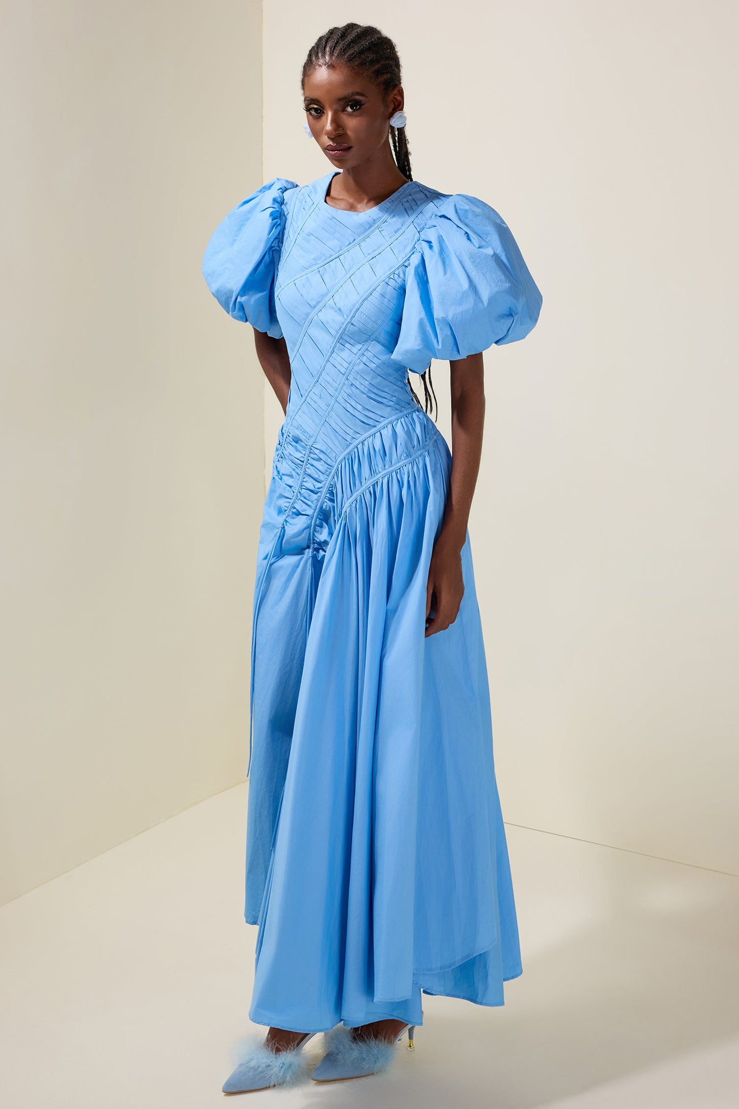 Shirring Round Neck Puff Sleeve Midi Dress