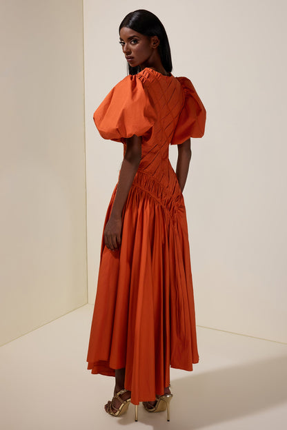 Shirring Round Neck Puff Sleeve Midi Dress