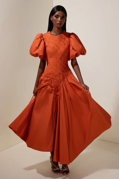 Shirring Round Neck Puff Sleeve Midi Dress