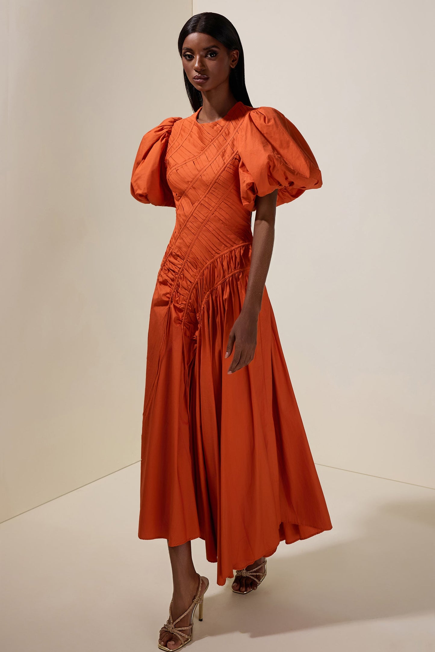 Shirring Round Neck Puff Sleeve Midi Dress