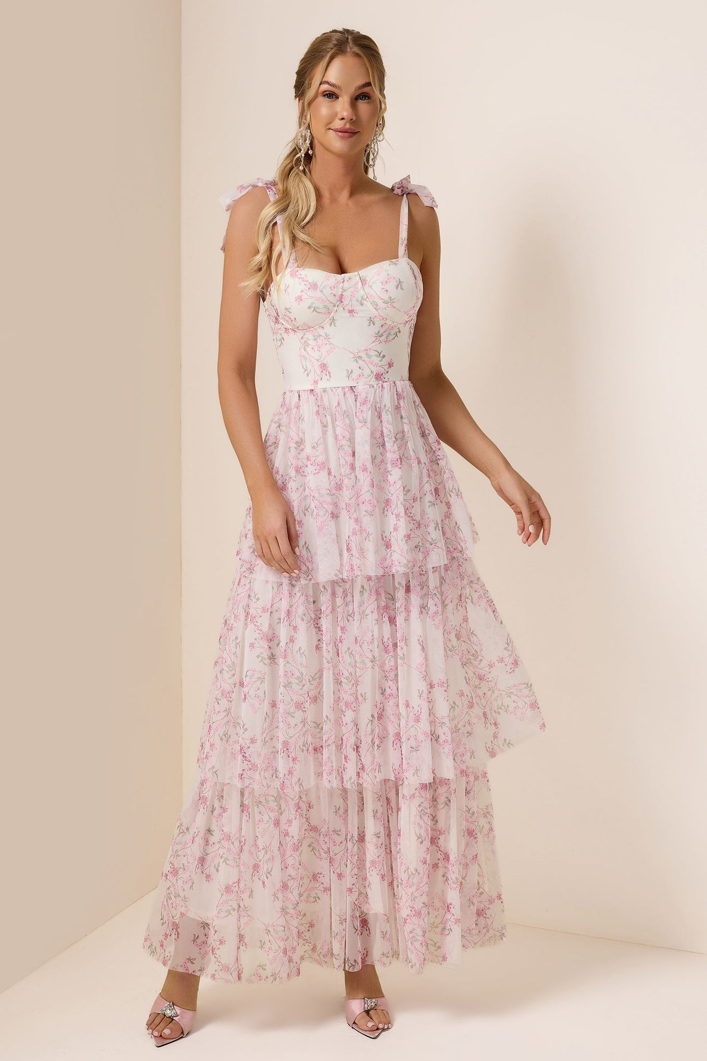 Floral Lace Up Ruffle Maxi Dress