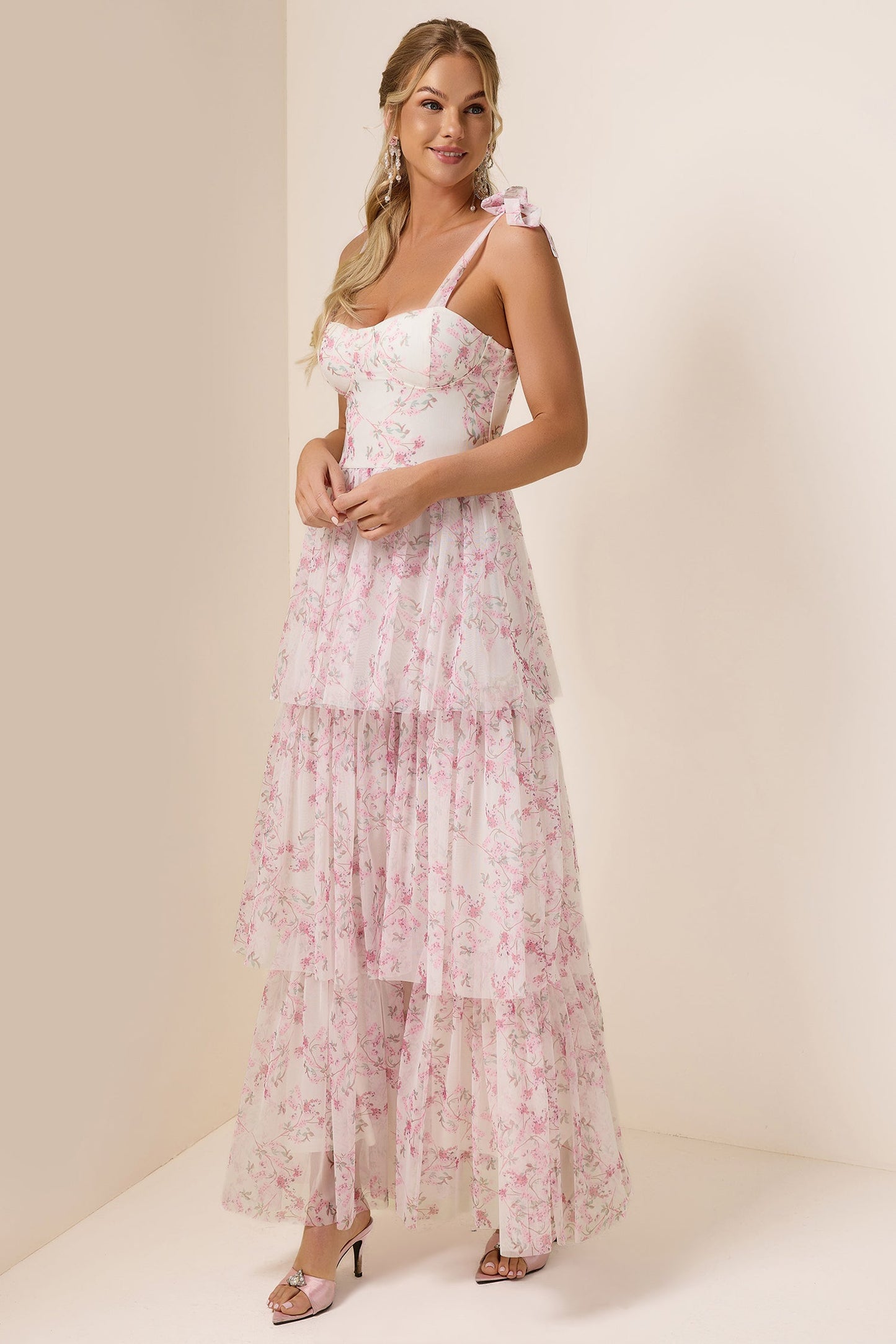 Floral Lace Up Ruffle Maxi Dress