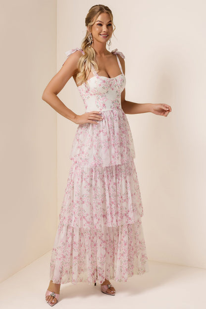 Floral Lace Up Ruffle Maxi Dress