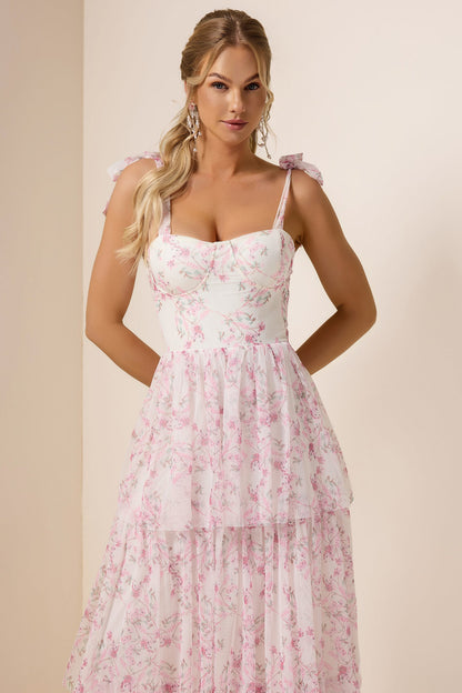 Floral Lace Up Ruffle Maxi Dress