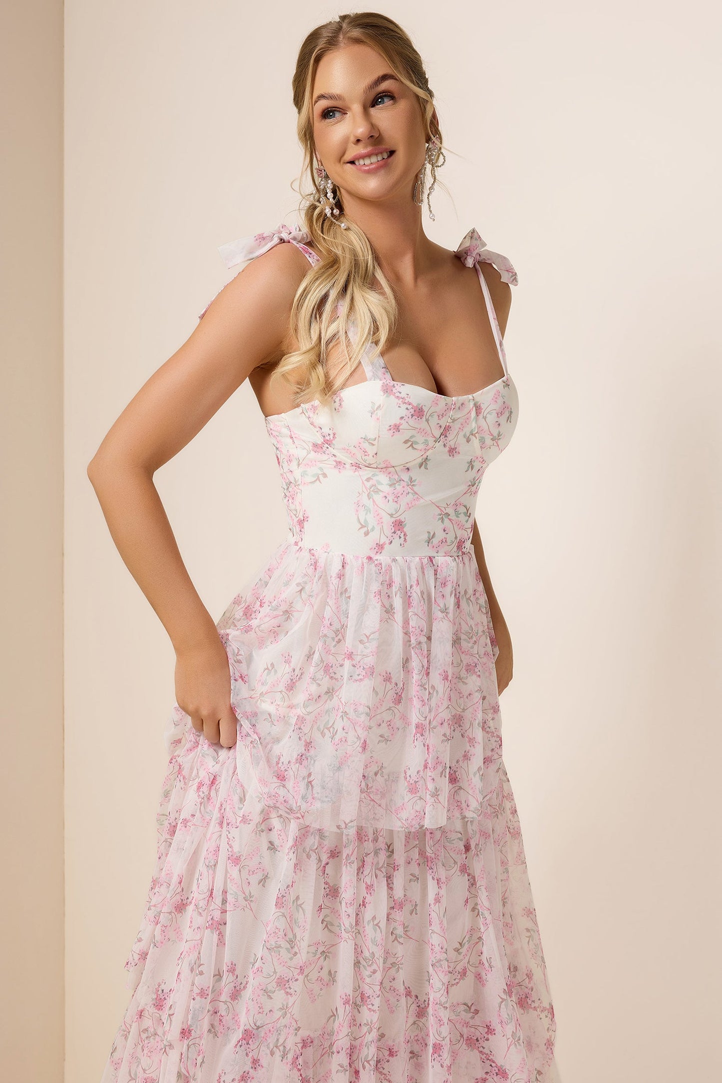 Floral Lace Up Ruffle Maxi Dress