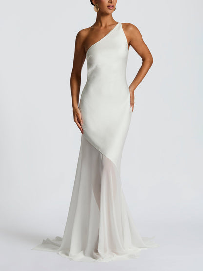 Elegant One Shoulder Sheer Hem Maxi Dress