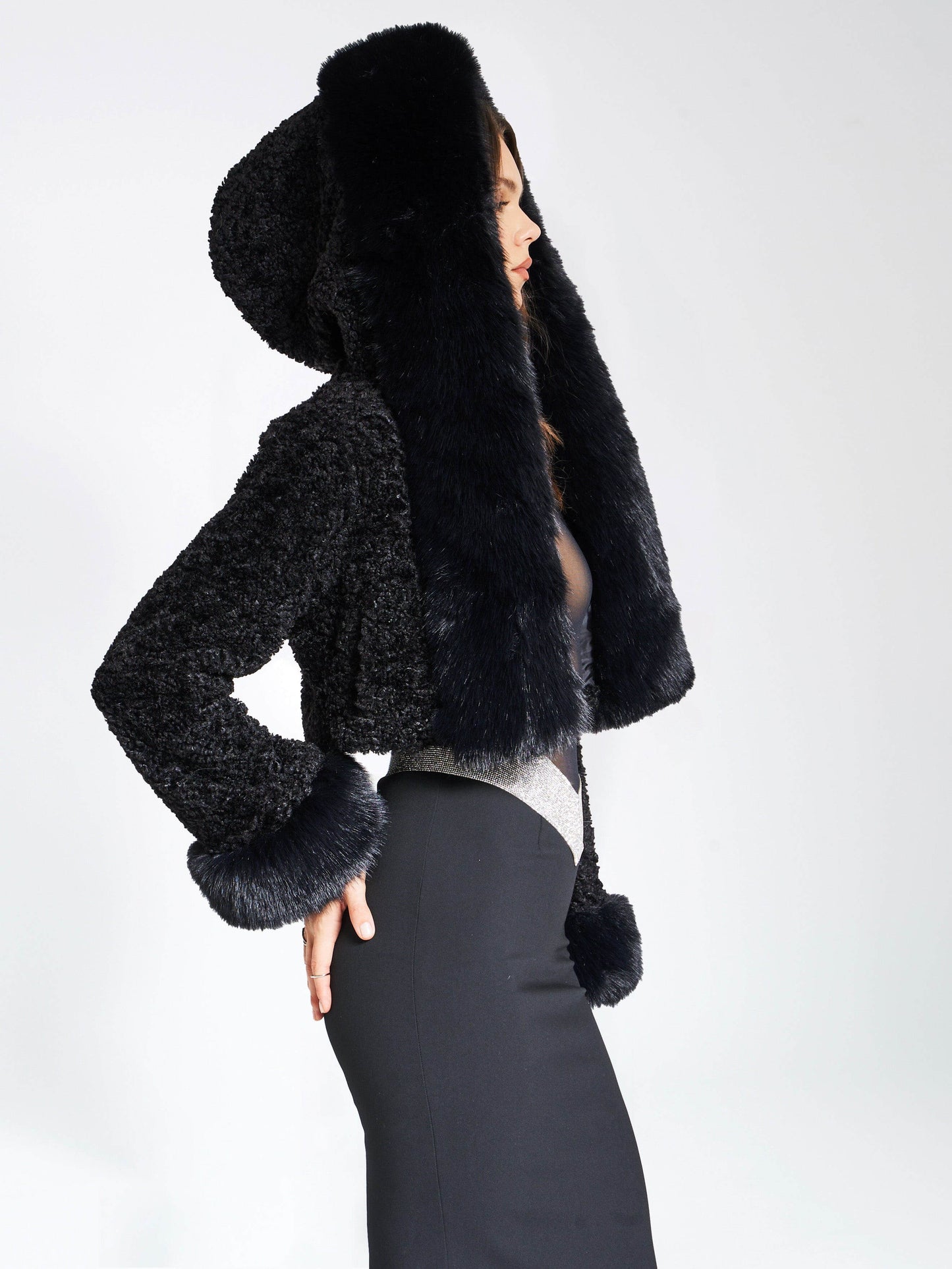 Faux Fur Hooded Cropped Coat With Rabbit Fur Collar