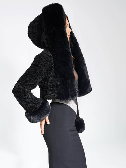 Faux Fur Hooded Cropped Coat With Rabbit Fur Collar