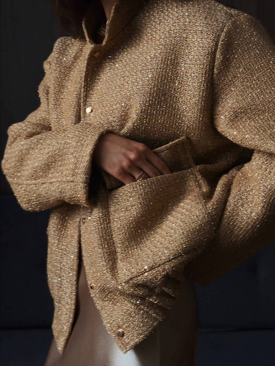 Gold Sequin Stand Collar Loose Jacket