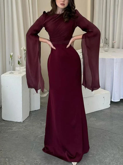 Elegant Flared Sleeves Satin Maxi Dress