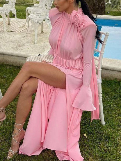 Three-Dimensional Flower Deep V Pleated Maxi Dress