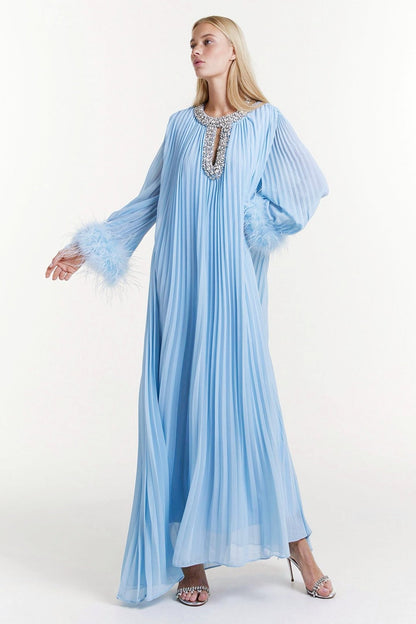 Yvonne Diamante Feathered Pleated Maxi Chiffon Dress