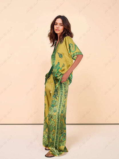 Exquisite Satin Unique Floral Print Wide Leg Pants