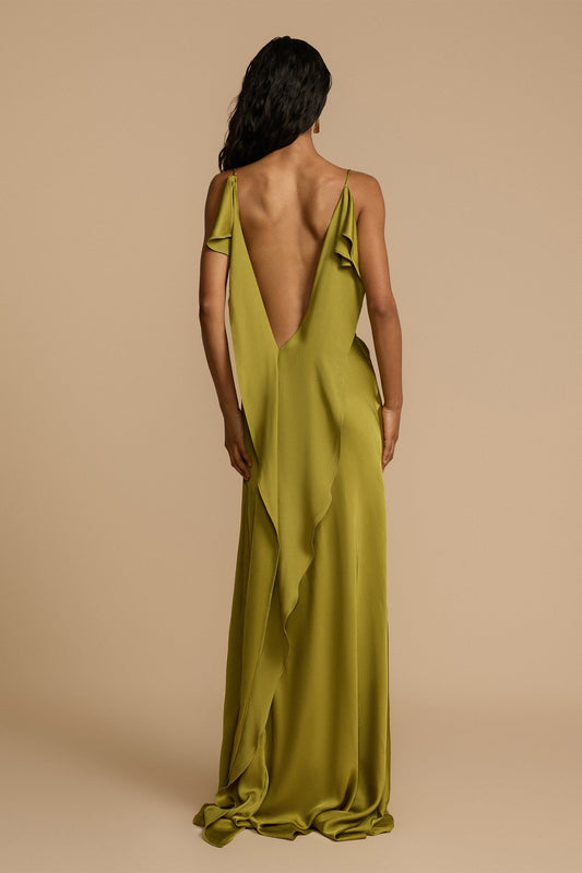 Paula Backless Ruffle Detail Satin Maxi Dress