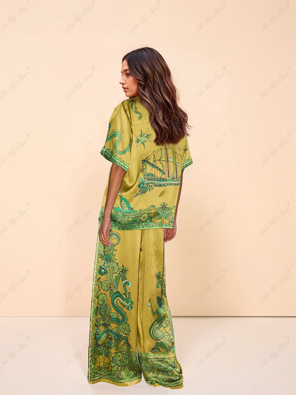 Exquisite Satin Unique Floral Print Wide Leg Pants