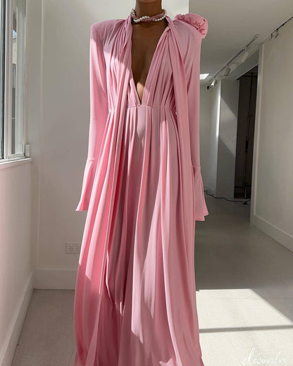 Three-Dimensional Flower Deep V Pleated Maxi Dress