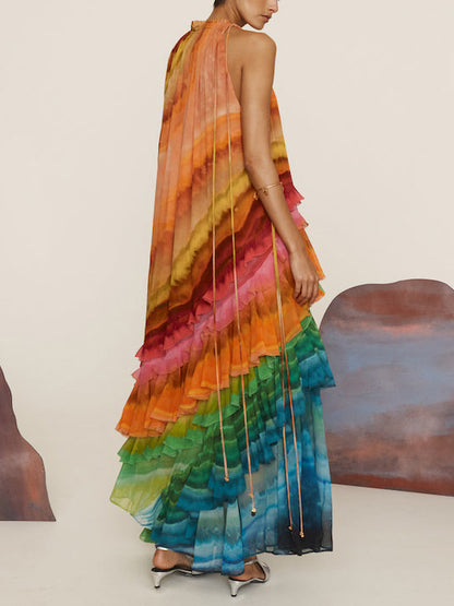 Unique Colorful Print Ruffle Maxi Dress