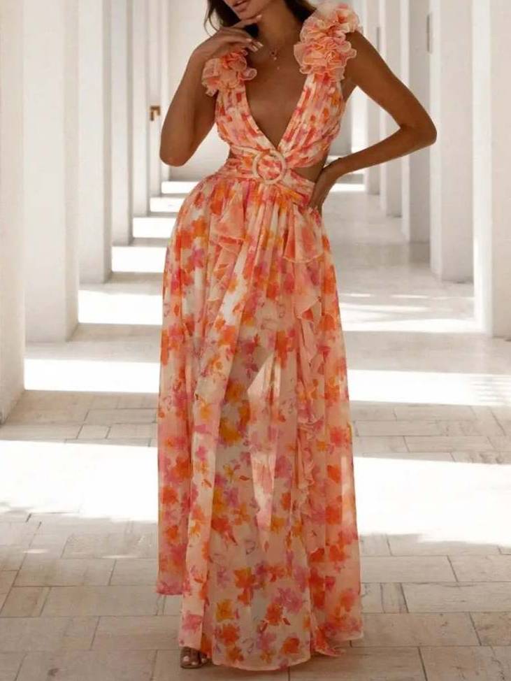 Deep V-neck Floral Hollow Maxi Dress