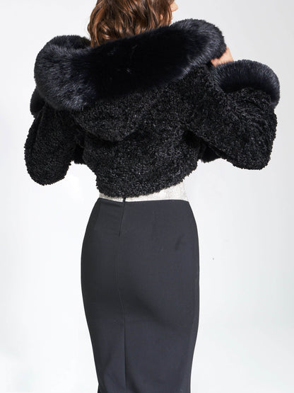 Faux Fur Hooded Cropped Coat With Rabbit Fur Collar