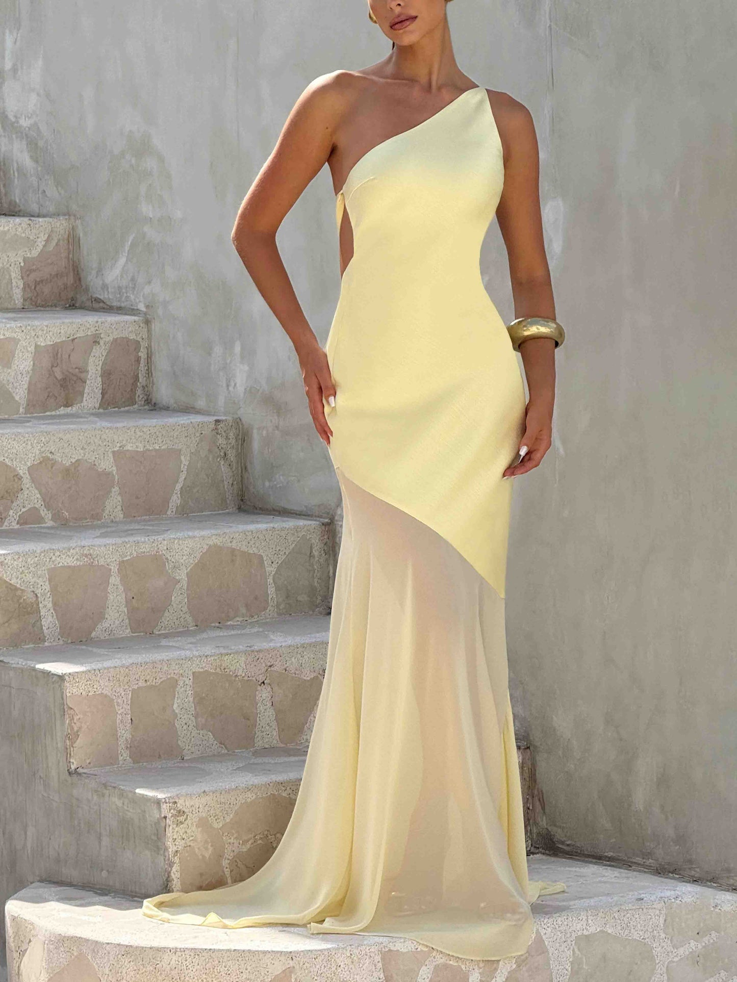 Elegant One Shoulder Sheer Hem Maxi Dress