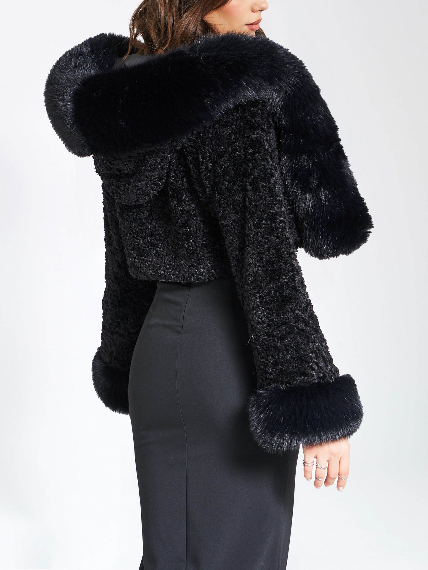 Faux Fur Hooded Cropped Coat With Rabbit Fur Collar