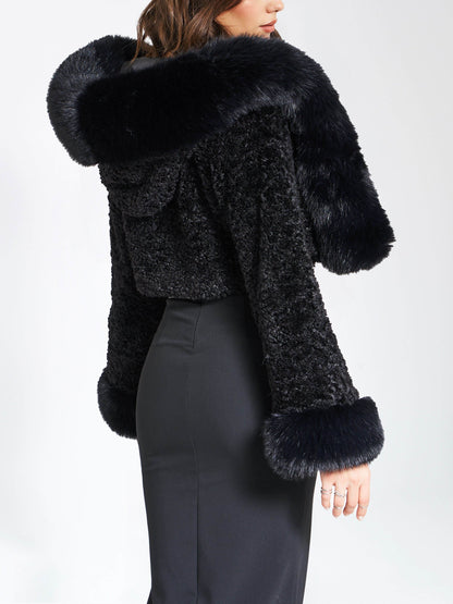 Faux Fur Hooded Cropped Coat With Rabbit Fur Collar