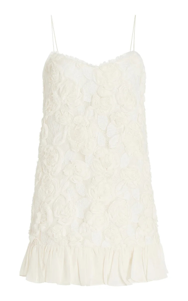 Beverly Floral Applique Pleated Chiffon Mini Dress
